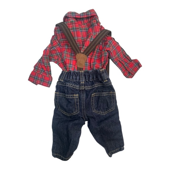 Carter's Red Plaid Shirt and Denim Jeans Pants and Suspenders Set Size: 3m - Picture 3 of 12